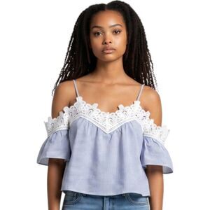 SEEK The Label Cold Shoulder Crop Top Lace Trim Bell Sleeve Striped Blue Size M